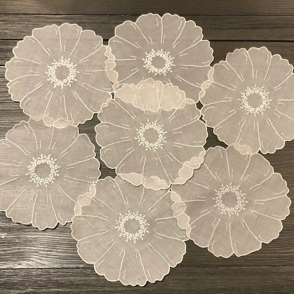 White Sheer Embroidered Floral Doilies– Set of 7